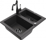 Granitinė virtuvinė plautuvė Mexen Carlos su mai&scaron;ytuvu ir sifonu, Black granite+Black