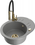 Granitinė virtuvinė plautuvė Mexen Kevin su mai&scaron;ytuvu ir sifonu, Grey/Black/Gold