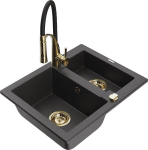 Granitinė virtuvinė plautuvė Mexen Carlos su mai&scaron;ytuvu ir sifonu, Black granite+Black/Gold