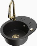 Granitinė virtuvinė plautuvė Mexen Kevin su mai&scaron;ytuvu ir sifonu, Metallic black/silver/Gold