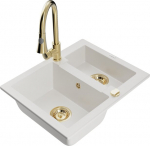 Granitinė virtuvinė plautuvė Mexen Carlos su mai&scaron;ytuvu ir sifonu, White/Gold