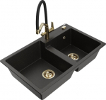 Granitinė virtuvinė plautuvė Mexen Tomas su mai&scaron;ytuvu ir sifonu, Metallic black/gold/Black/Gold