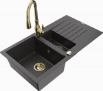 Granitinė virtuvinė plautuvė Mexen Matias su mai&scaron;ytuvu ir sifonu, Black granite/Gold