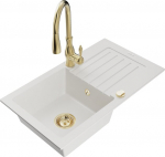 Granitinė virtuvinė plautuvė Mexen Pablo su mai&scaron;ytuvu ir sifonu, White+Gold