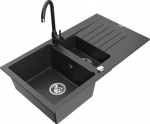 Granitinė virtuvinė plautuvė Mexen Matias su mai&scaron;ytuvu ir sifonu, Black granite/Black