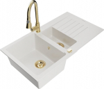 Granitinė virtuvinė plautuvė Mexen Matias su mai&scaron;ytuvu ir sifonu, White/Gold