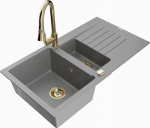 Granitinė virtuvinė plautuvė Mexen Matias su mai&scaron;ytuvu ir sifonu, Grey/Gold