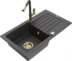 Granitinė virtuvinė plautuvė Mexen Pablo su mai&scaron;ytuvu ir sifonu, Black granite/Gold