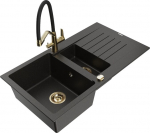 Granitinė virtuvinė plautuvė Mexen Matias su mai&scaron;ytuvu ir sifonu, Metallic black/Black/Gold