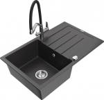 Granitinė virtuvinė plautuvė Mexen Bruno su mai&scaron;ytuvu ir sifonu, Black granite/Chrome