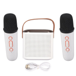 Mini karaoke aparatas stereo ne&scaron;iojamas RGB &scaron;viesos Bluetooth garsiakalbis su 2 belaidžiais mikrofonais namų vakarėliui balta