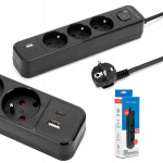 Prailginimo laidas su 3 lizdais, 2 Usb-a+c, 1.5m, juodas, jungiklis