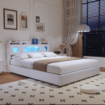 Lova 160&times;200 cm, su LED ap&scaron;vietimu ir USB sąsaja, atidaromas galvūgalis, hidraulinė lova, Balta, PU