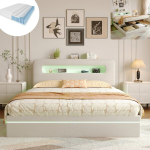 Lova 160&times;200CM, su čiužiniu, LED ap&scaron;vietimu, vieta daiktams susidėti, smėlio spalvos, pliu&scaron;inis audinys