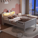 Medinė lova su USB Type-C lizdu LED lempa ir lentyna 90x200 cm balta 1 vnt