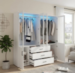 Spinta su Stiklinėmis Durimis 160 cm, LED Ap&scaron;vietimas ir 3 Stalčiai, Balta Miegamojo Spinta