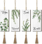 Boho vonios sienų dekoracija, medinis ženklas &bdquo;Relax Soak Unwind Breathe&ldquo; su lapų ir karoliukų motyvais