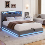 Dvigulė lova 140x200 cm, lova su grotelių pagrindas ir LED ap&scaron;vietimas, galvūgalis su USB C jungtimi, pilka, aksominė