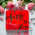 &Scaron;ventiniai PVC dovanų mai&scaron;eliai, Raudona permatoma HAPPY NEW YEAR terpė