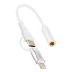 Audio adapter Jack 3.5mm moteri&scaron;kas į Lightning ir USB C vyri&scaron;kas LinQ baltas