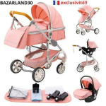 BAZARLAND30. Kombinuota 3 in 1 vežimėlis - automobilinė kėdutė - lop&scaron;ys Trio, apverčiamas, reguliuojamas, auk&scaron;tos kokybės, nepraduriamos padangos. rožinė