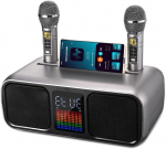 Gjcrafts karaoke aparatas vakarėlių kolonėlė su 2 belaidžiais mikrofonais, bluetooth karaoke kolonėlė su jutikliniu ekranu, led ap&scaron;vietimu ir telefono stovu, karaoke kolonėlė vaikams su /usb/tf/au (sidabrinė)
