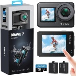 Akaso Brave 7 veiksmo kamera 4k30fps su 64gb u3 microsdxc atminties kortele, 20mp wifi povandenine kamera ipx8 atspari vandeniui, eis 2.0 su jutikliniu ekranu, priartinimu, valdymu balsu ir 2 x 1350 mah baterijomis