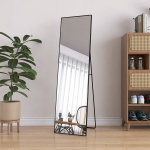 Pastatomas veidrodis 140 &times; 40 cm, juodlas aliuminio remas, modernus sieninis veidrodis, kuri galima pastatyti arba pakabinti