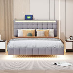 Lova su LED &scaron;viesa ir USB jungtimi, lininė, pilka, 140*200cm