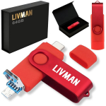LIVMAN U-26 &ndash; 64GB ne&scaron;iojama USB atmintinė su C tipo, Micro USB ir USB jungtimis, skirta Android i&scaron;maniesiems telefonams, plan&scaron;etiniams kompiuteriams, kompiuteriams ir visų tipų USB įrenginiams