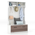 Costway paltų stovas su suoliuku ir 5 dvigubais kabliukais rūbų kabykla prie&scaron;kambario kabykla 100 x 40 x 160 cm balta