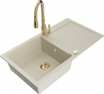 Granitinė virtuvinė plautuvė Mexen Leo su mai&scaron;ytuvu ir sifonu, Beige+Gold