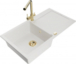 Granitinė virtuvinė plautuvė Mexen Leo su mai&scaron;ytuvu ir sifonu, White+Gold