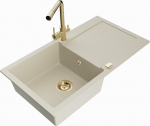 Granitinė virtuvinė plautuvė Mexen Leo su mai&scaron;ytuvu ir sifonu, Beige+Gold