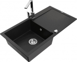 Granitinė virtuvinė plautuvė Mexen Leo su mai&scaron;ytuvu ir sifonu, Black+Chrome