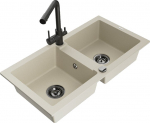 Granitinė virtuvinė plautuvė Mexen Mario su mai&scaron;ytuvu ir sifonu, Beige+Black