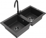 Granitinė virtuvinė plautuvė Mexen Mario su mai&scaron;ytuvu ir sifonu, Black granite+Black