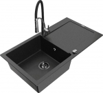 Granitinė virtuvinė plautuvė Mexen Leo su mai&scaron;ytuvu ir sifonu, Metallic black/silver+Black/Chrome