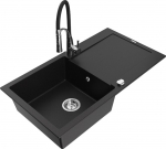 Granitinė virtuvinė plautuvė Mexen Leo su mai&scaron;ytuvu ir sifonu, Black+Black/Chrome