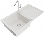 Granitinė virtuvinė plautuvė Mexen Leo su mai&scaron;ytuvu ir sifonu, White+Chrome