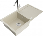 Granitinė virtuvinė plautuvė Mexen Leo su mai&scaron;ytuvu ir sifonu, Beige+Black/Chrome