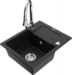 Granitinė virtuvinė plautuvė Mexen Enzo su mai&scaron;ytuvu ir sifonu, Black+Chrome