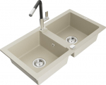 Granitinė virtuvinė plautuvė Mexen Mario su mai&scaron;ytuvu ir sifonu, Beige+Black/Chrome