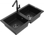 Granitinė virtuvinė plautuvė Mexen Mario su mai&scaron;ytuvu ir sifonu, Metallic black/silver+Black