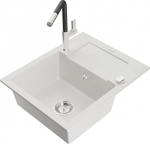Granitinė virtuvinė plautuvė Mexen Enzo su mai&scaron;ytuvu ir sifonu, White+Black/Chrome
