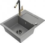 Granitinė virtuvinė plautuvė Mexen Enzo su mai&scaron;ytuvu ir sifonu, Grey+Black/Gold