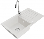 Granitinė virtuvinė plautuvė Mexen Pablo su mai&scaron;ytuvu ir sifonu, White+Chrome