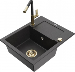 Granitinė virtuvinė plautuvė Mexen Enzo su mai&scaron;ytuvu ir sifonu, Black granite+Black/Gold