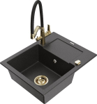 Granitinė virtuvinė plautuvė Mexen Enzo su mai&scaron;ytuvu ir sifonu, Black granite+Black/Gold