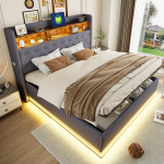 Lova 180 x 200 cm, su LED ap&scaron;vietimu ir USB jungtimi, vieta daiktams susidėti, lininis audinys, pilka